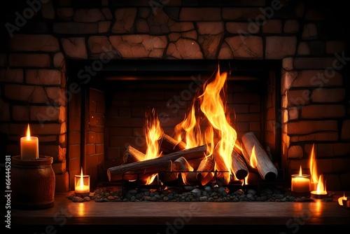 A crackling fire in a cozy fireplace on a cold winter night
