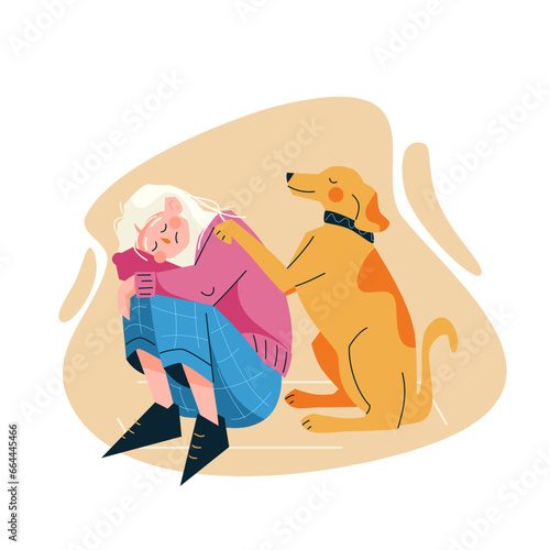 Illustration of a caring dog comforting a sad woman by placing its paw on her shoulder. A heartwarming moment of emotional support and companionship