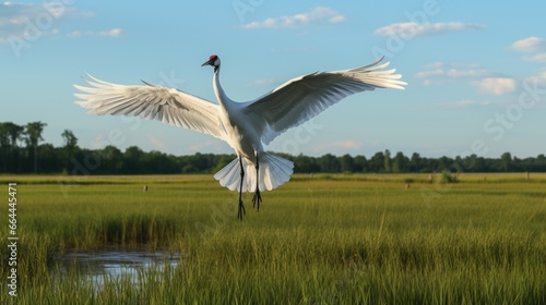 landing of a whooping crane in a field . photo