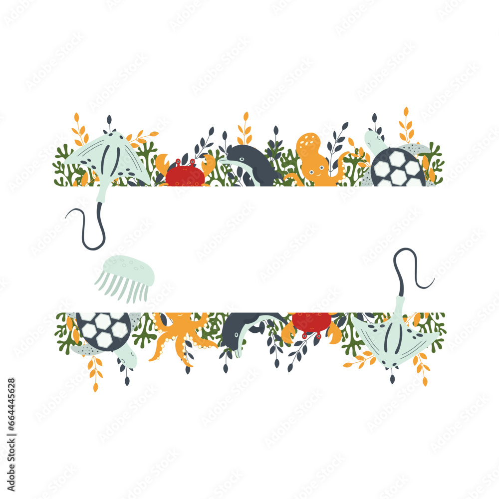 A composition template of marine inhabitants and plants, ideal for postcards, prints, invitations, birthday greeting cards. Seamless border. Vector illustration