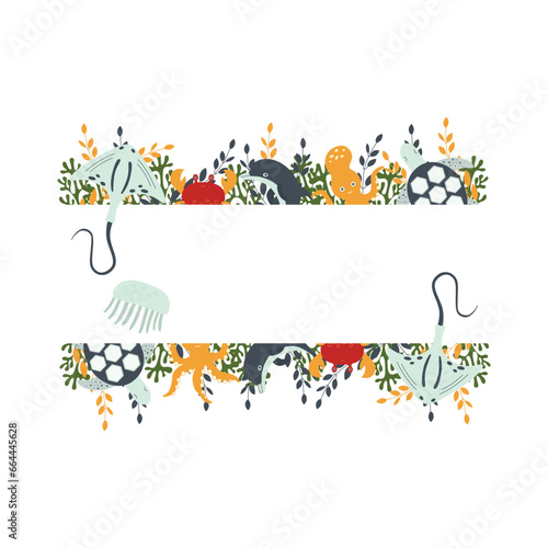 A composition template of marine inhabitants and plants, ideal for postcards, prints, invitations, birthday greeting cards. Seamless border. Vector illustration