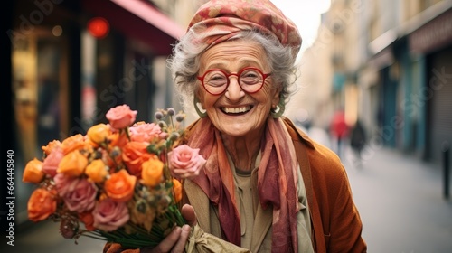 elderly woman with a bouquet of flowers
