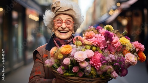 elderly woman with a bouquet of flowers © olgaberazovik