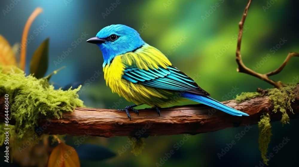 Lovely birds. lovely tanager Chlorophonia cyanea, often known as the exotic tropical green songbird, has a blue tail. Animals two on a branch.