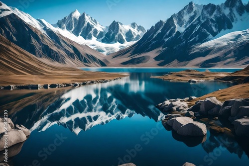 A snow-capped mountain range with a clear blue sky and a lake in the foreground © Jasmeen