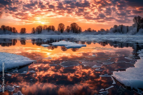 Sunset sky with natural breaking ice over frozen water. © Jasmeen