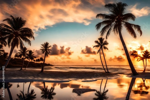 A beach at sunset with palm trees and white sand