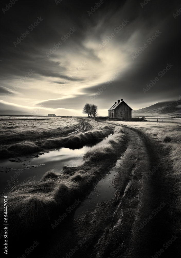 Monochromatic Landscape: Winding Path Leading to Solitary Wooden ...