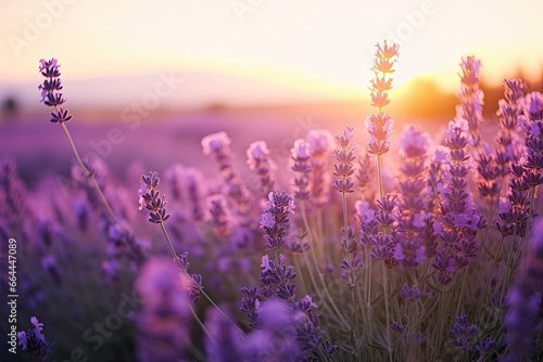 Close up lavender flowers in beautiful field at sunset. © MSTASMA