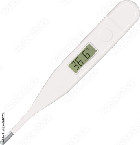 Celsius electronic medical thermometer for measuring set close up isolated. Fever normal 36.6. Design template of digital thermometer showing temperature. Top view3d realistic illustration.