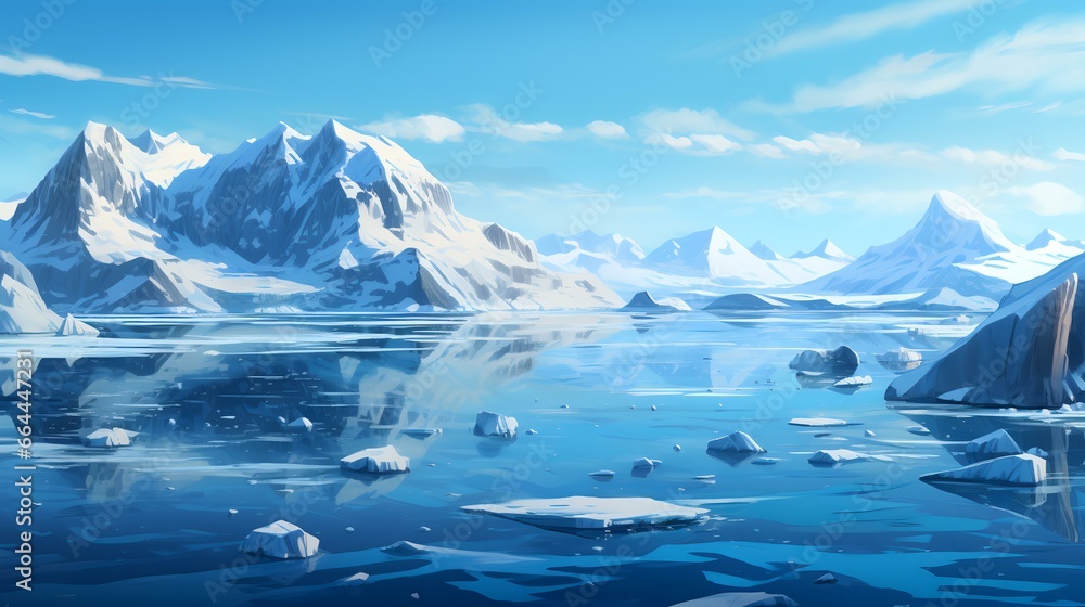 A painting of ice bergs floating in the water