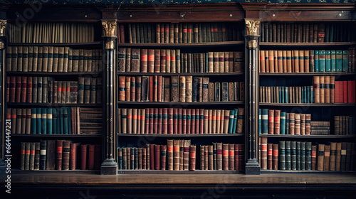 many books on a shelf in a library