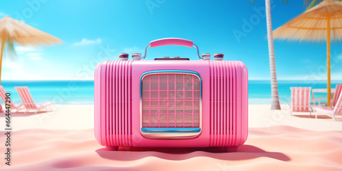 Radio device on an sandy sea beach. Pink colored radio on the sand near the ocean water. Red radio near a palm tree on a empty desert island. Purple radio station. Copy space for text