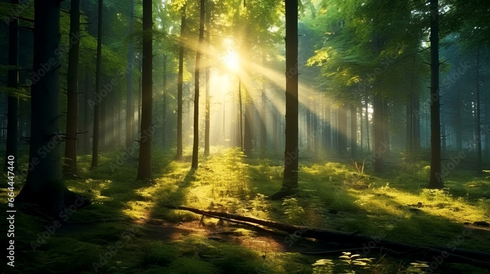 Naklejka premium Beautiful rays of sunlight in green forest