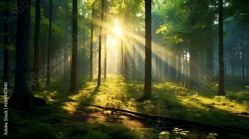 Beautiful  rays of sunlight in green forest © Tayyab