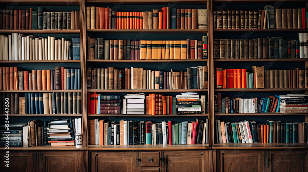 many books on a shelf in a library many books on a shelf in a library