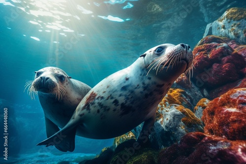 Two sea lions resting on a rock underwater, surrounded by rocks and water. Generative AI