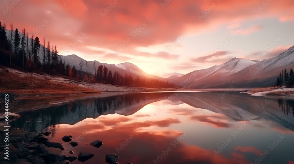 Pink sky and mirror like lake