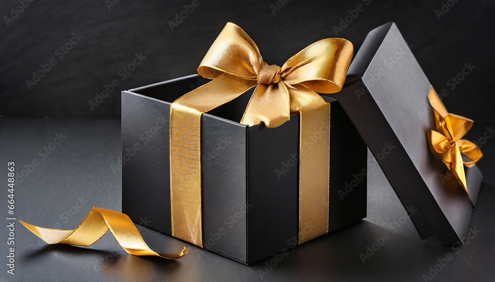Blank open black gift box or opened black present box with gold ribbons and bow isolated on dark black background Blank open black gift box or opened black present box with gold ribbons and bow isolated on dark black background