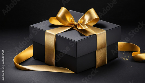 Blank open black gift box or opened black present box with gold ribbons and bow isolated on dark black background