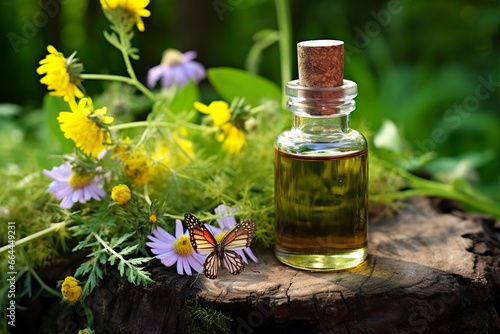 Glass Bottle of herbal essential extract, butterfly, and wildflowers on a tree stump.