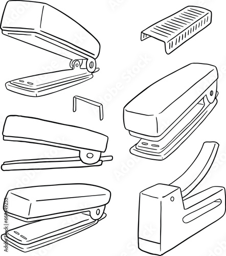 set of stapler, staples. illustration, line vector set