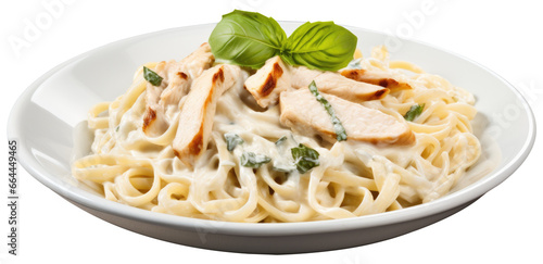 Fettucini with chicken on a plate on isolated transperant background 