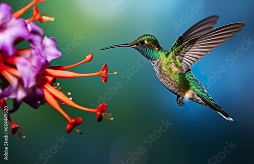 Hummingbird bird flying next to a beautiful red flower with rain. © MSTASMA