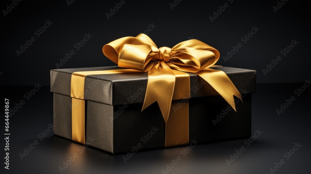 Obraz premium Black gift box with golden ribbon and bow on isolated dark background