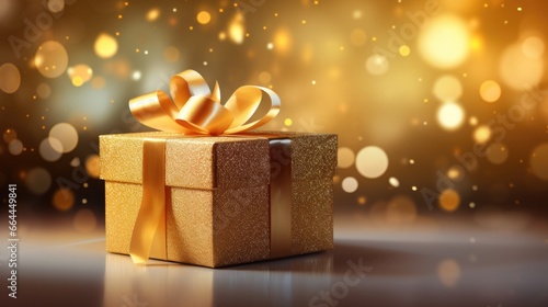 Golden gift box with golden ribbon and bow on isolated glowing bokeh background