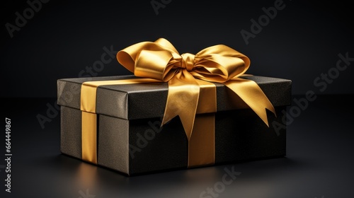 Black gift box with golden ribbon and bow on isolated dark background