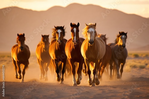 a group of big young beautiful energetic powerful horses running or galloping towards the camera in the desert  ultra wide angle lens