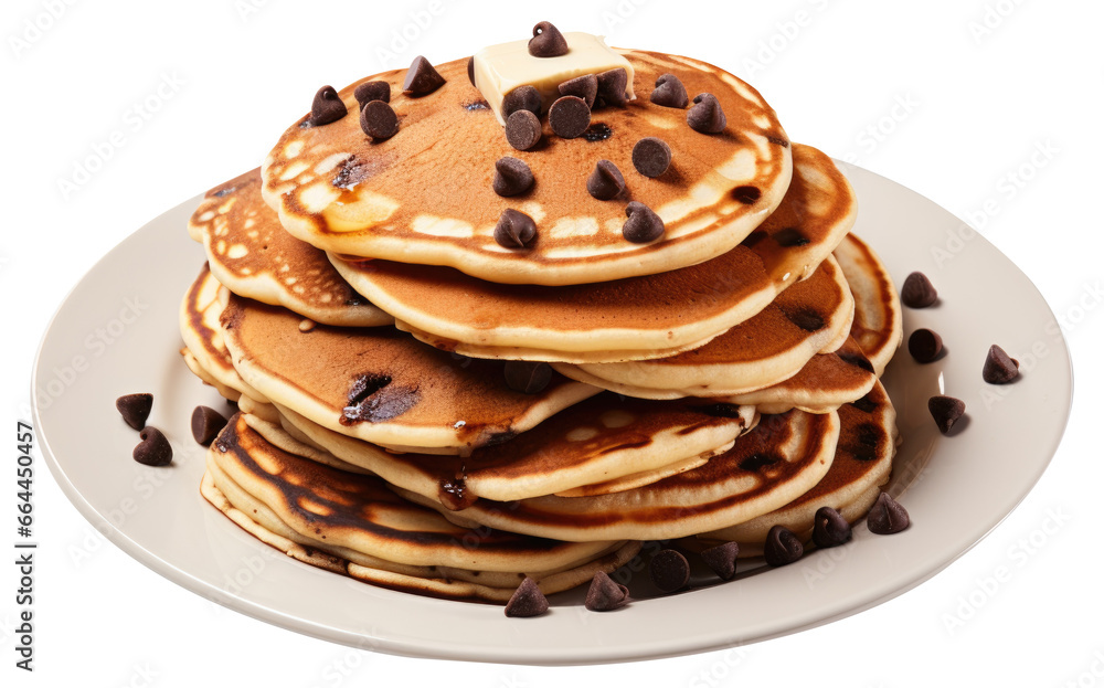 Stack of pancakes on a plate with pieces of chocolate and butter on isolated transparent background Stack of pancakes on a plate with pieces of chocolate and butter on isolated transparent background