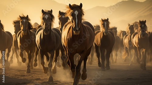 a group of big young beautiful energetic powerful horses running or galloping towards the camera in the desert, ultra wide angle lens © Romana