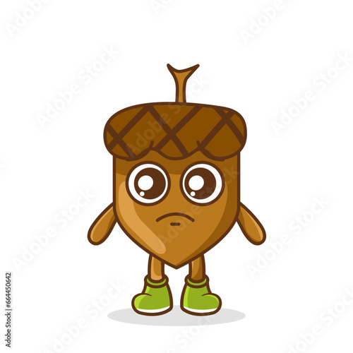 Cute sad acorn fruit character, acorn character with sad emotion, face, depressive eyes