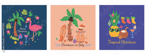 Set of Christmas tropical cards with flamingo, pineapple, palm tree. Vector graphics.