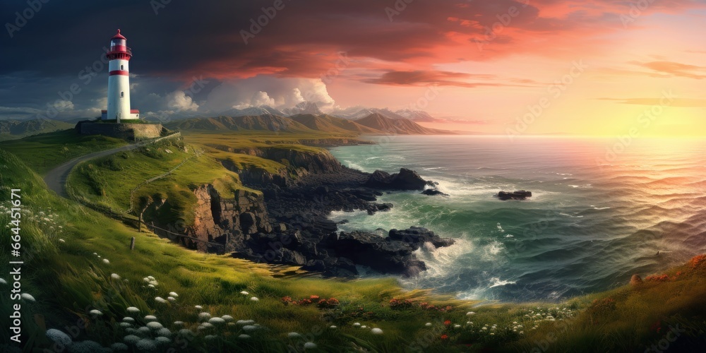 a lighthouse on the coast with green meadows and sunset