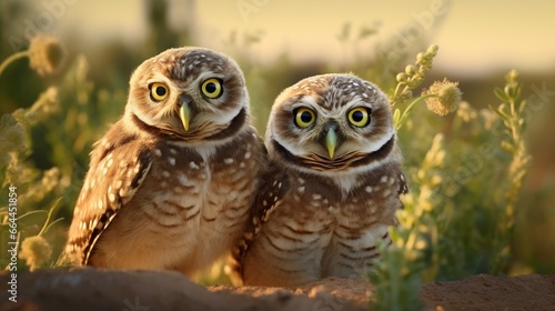 Leinwand Poster Three fledgling burrowing owls are unsure about which direction to look