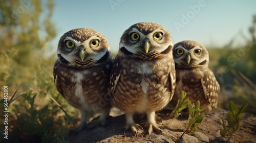 Foto Three fledgling burrowing owls are unsure about which direction to look