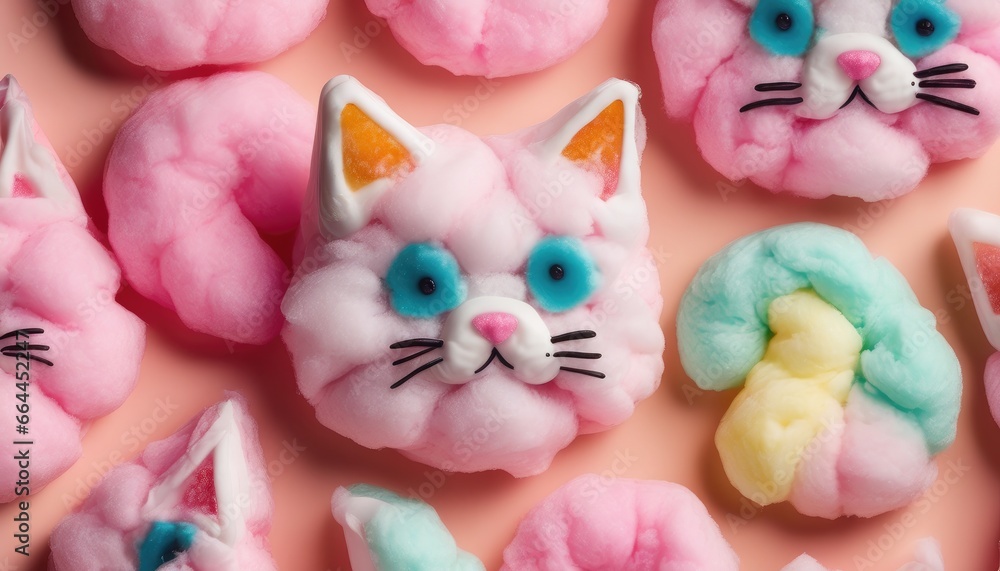 Colorful cotton candy in the shape of cute cat. Top view, sweet background, backdrop Colorful cotton candy in the shape of cute cat. Top view, sweet background, backdrop