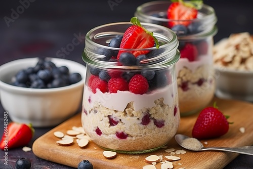 Mixed berries overnight oats with almond flakes in a glass jar, healthy breakfast. photo