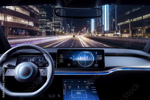 Modern smart car technology intelligent system using Heads up display (HUD) Autonomous self driving mode vehicle on city road with graphic sensor radar signal system intelligent car. © MSTASMA