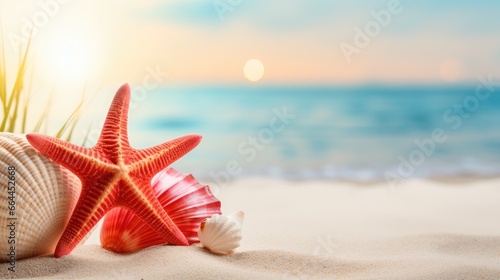 Red starfish, seashells and cockleshells on the white sand with blurred beach ocean or sea background