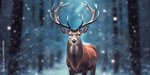 Noble deer male in the winter snow forest. Artistic winter Christmas landscape. © MSTASMA