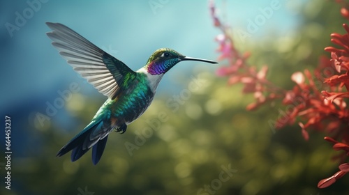 A hummingbird with a large bill displaying its colors.