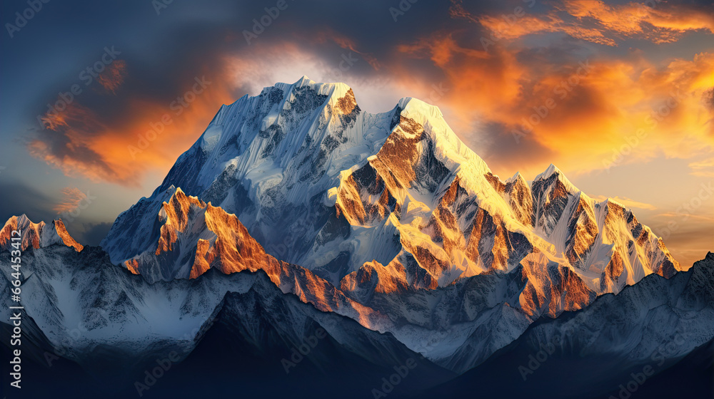 Mountain peak of the tibetan snow-capped mountains, a beautiful panorama of the mountains at sunset of the day