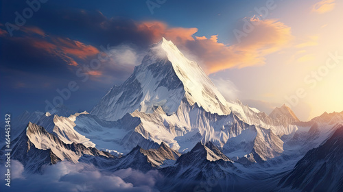 Mountain peak of the tibetan snow-capped mountains, a beautiful panorama of the mountains at sunset of the day