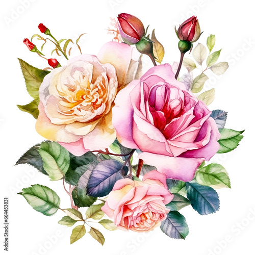 Elegant watercolor roses bouquet illustration on white background. Generative ai