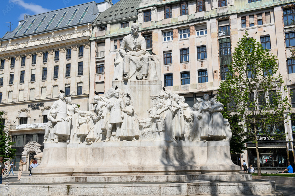 Monument on Vörösmarty square at Budapest in Hungary