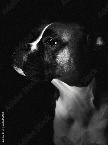 Boxer dog in black and white. 